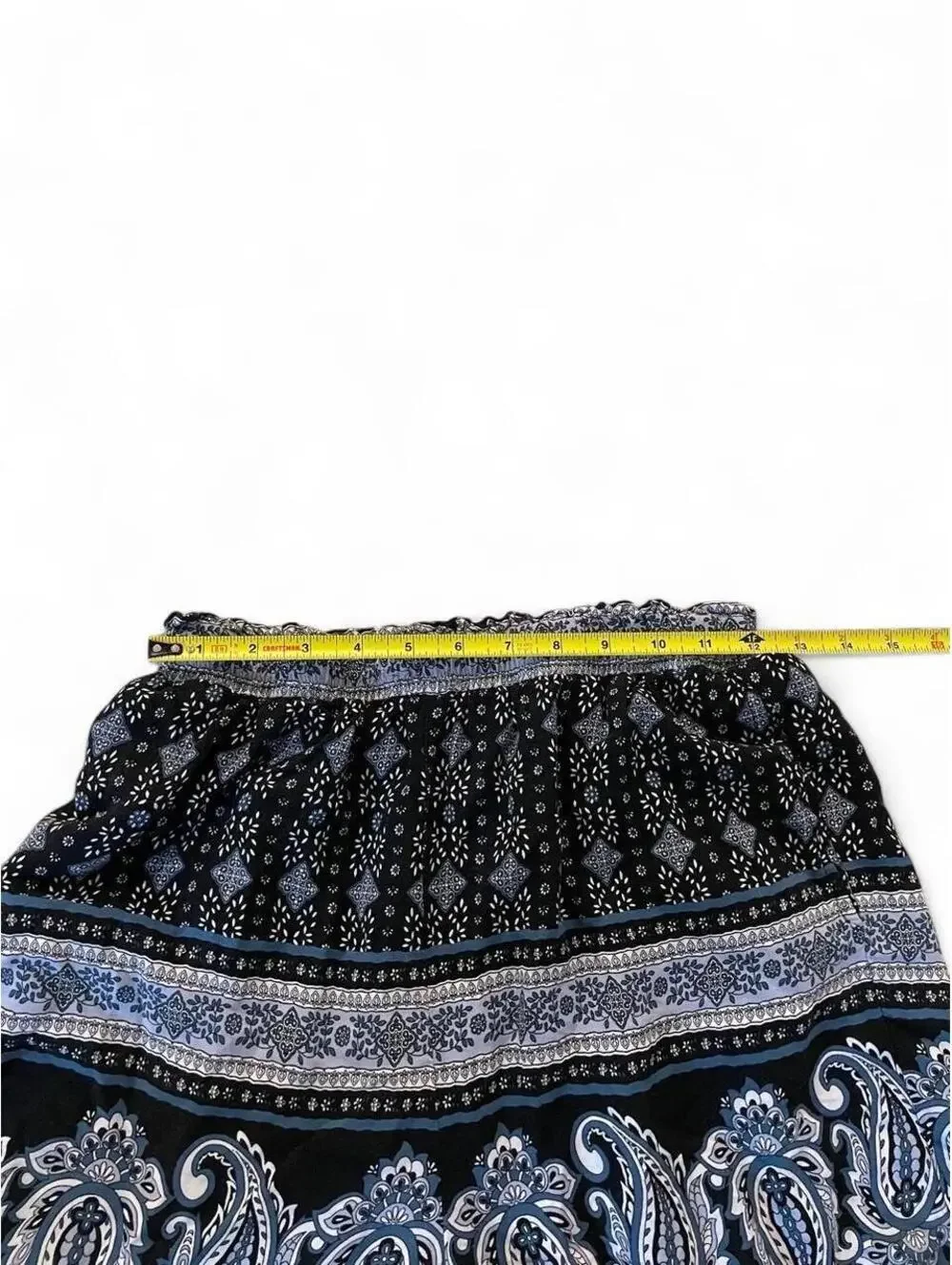 Black & blue paisley shorts with ruffles and elastic stretchy waistband